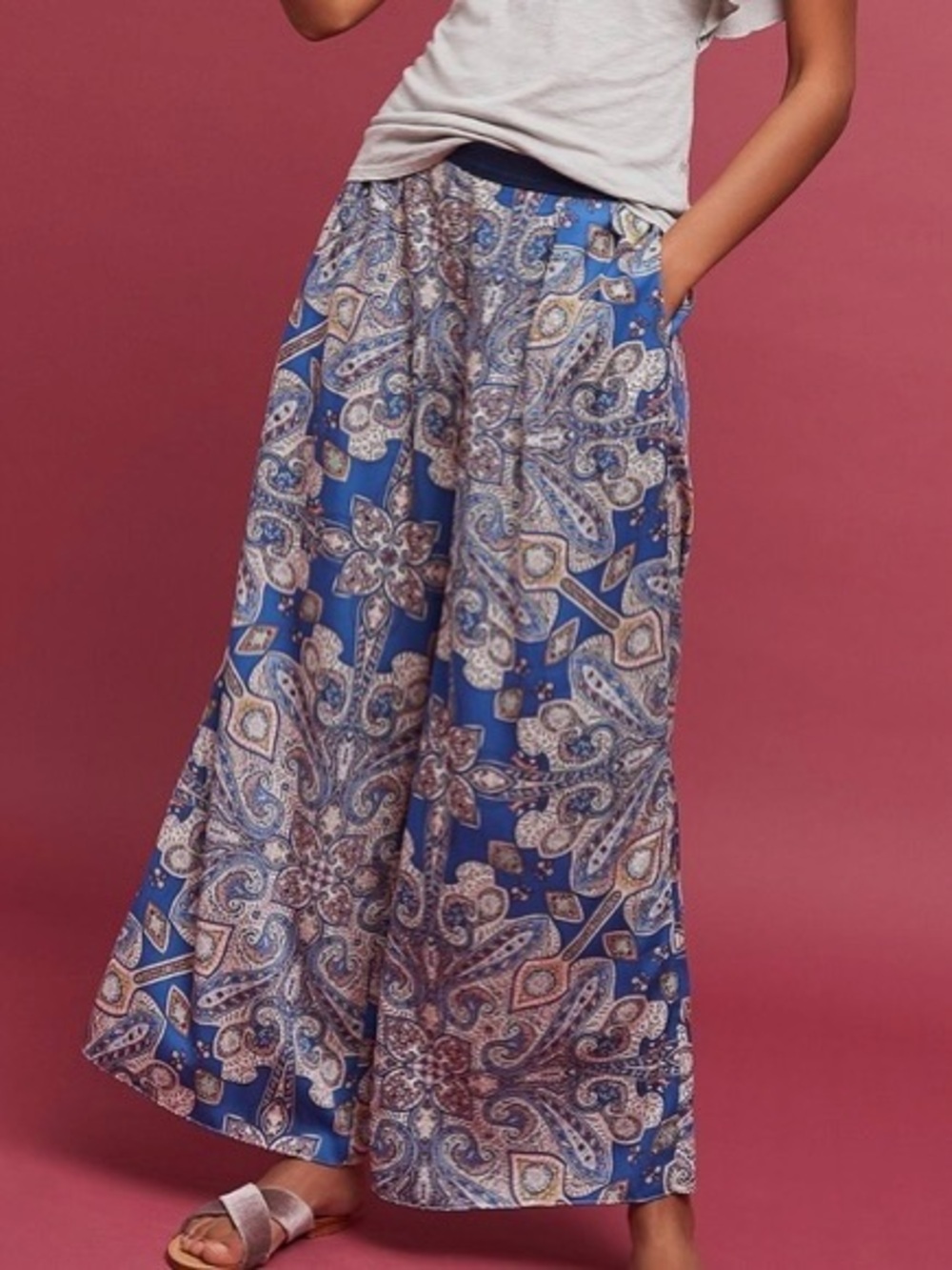 Elevenses wide leg blue paisley satin pants